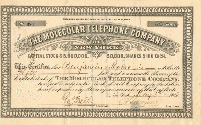 Molecular Telephone Compay of New York - Stock Certificate